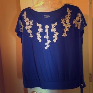 Royal blue shirt, white embroidery